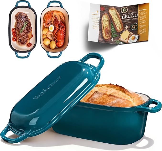 Vanderlume 4.6-Quart Oval Bread Dutch Oven, Enameled Cast Iron Bread Oven for Sourdough, Sourdough Bread Pan for Baking Artisan Loaves with Crispy Crust, Teal
