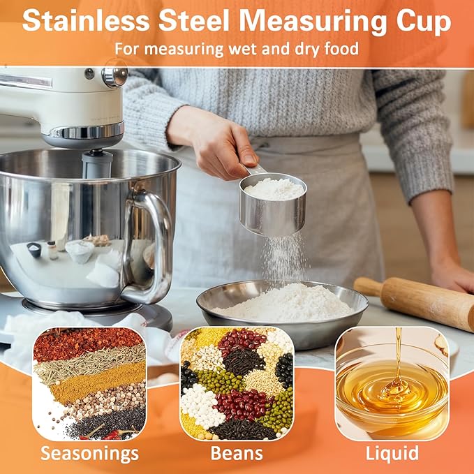 4 Pack 1 Cup Stainless Steel Measuring Cup, 250 ml | 240 cc | 8 oz Single Measuring Cups with Handle, Small Measuring Scoops Coffee Scoop for Kitchen Cooking Baking