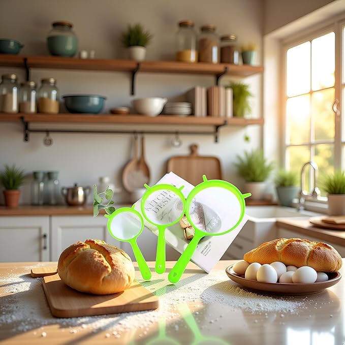 3 PCS/Set Flour Sifter with Long Handle, Plastic Hangable Flour Colander Powder Filter Strainer Fine Mesh Colander Coffee Filter Tea Strainer, Strainers and Colanders and Food Strainers（Green）