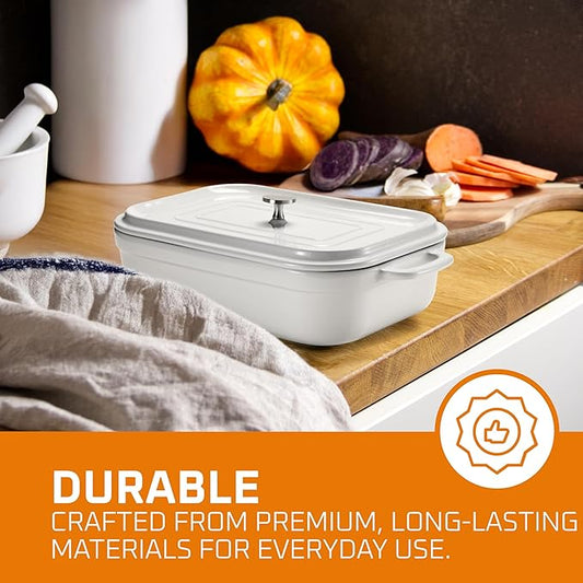 Stoneware Casserole With Lid - Rectangular Pan with Lid - Covered Stoneware Cookware Pans Stone Set - Freezer & Oven Safe Stone Bakeware for Baking, Lasagna, and Other Baked Dish, and Food Deep