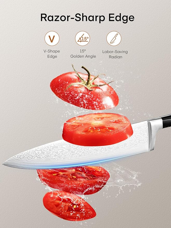 Knife Set, FOHERE Knife Block Set With Phone Holder, 360° Rotatable Kitchen Knife Sets 7PS, Knife Set with Sharpener, German Stainless Steel, Wood