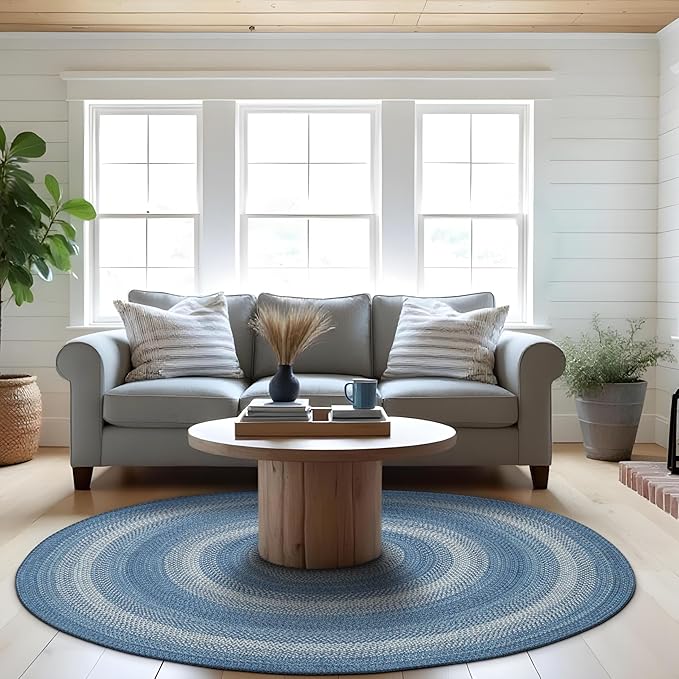 Homespice Denim Blue Round Braided Rug, Jute, 6' - Perfect Coastal Country Decor for Living Room, Dining Room, Everywhere