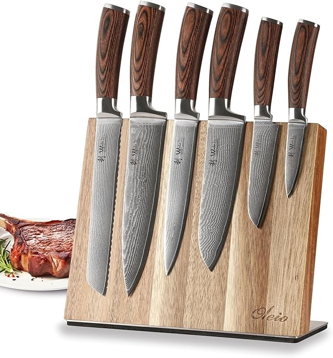 Wakoli EDIB 6-Piece Damascus Knife Block Set – Professional Kitchen Knives with Magnetic Acacia Block – Kitchen Knife Set made of 67-Layer Damascus Steel Blades & Ergonomic Pakkawood Handles