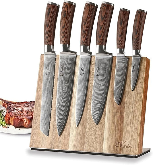 Wakoli EDIB 6-Piece Damascus Knife Block Set – Professional Kitchen Knives with Magnetic Acacia Block – Kitchen Knife Set made of 67-Layer Damascus Steel Blades & Ergonomic Pakkawood Handles