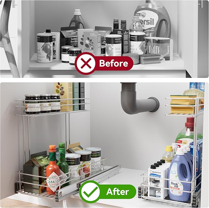 Under Sink Organizer 9" W X17 D, Pull Out Cabinet Organizer 2 Tier, Under Sink Slide Out Chrome Plated, Under Kitchen Bathroom Organizer, Pantry Cabinet Closet Organization Rack, 1 Pack