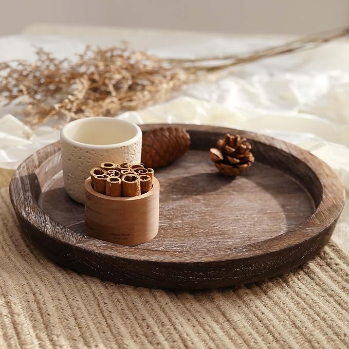 Hanobe Candle Plate Holder Tray: Round Wood Decorative Candle Plate Decor Farmhouse Table Centerpiece Rustic Wood Tealight Pillar Trays for Christmas Wedding Halloween Home Decor