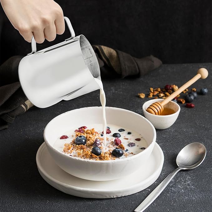 Stainless Steel Measuring Cup with Pour Spout, Metal Pitcher with Oz and ML Markings, Ergonomic Handle for Kitchen Baking and Coffee (20OZ/ 600ML- 2.4 Cup)