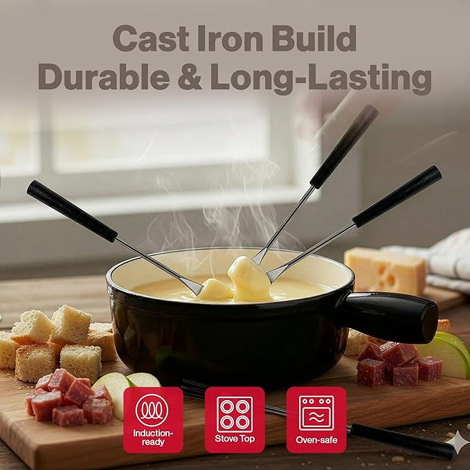 Swissmar Lugano Cast Iron Cheese Fondue Pot Replacement, 2 QT / 2 L – Compatible with Swissmar Lugano Fondue Sets – Ideal for Melting Cheese, Chocolate, & Caramel – Metallic Black