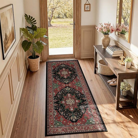 Area Rugs 2'x6' Runner Rug Non Slip Washable for Kitchen Hallway Bedroom Beside Laundry Room Bathroom Rug, Floor Carpet, Red Black