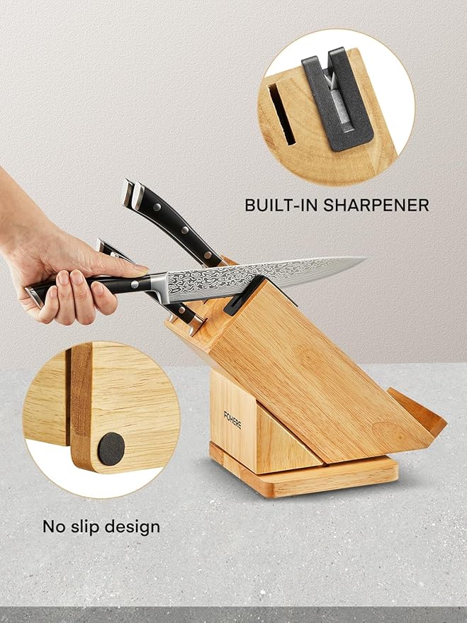 Knife Set, FOHERE Knife Block Set With Phone Holder, 360° Rotatable Kitchen Knife Sets 7PS, Knife Set with Sharpener, German Stainless Steel, Wood