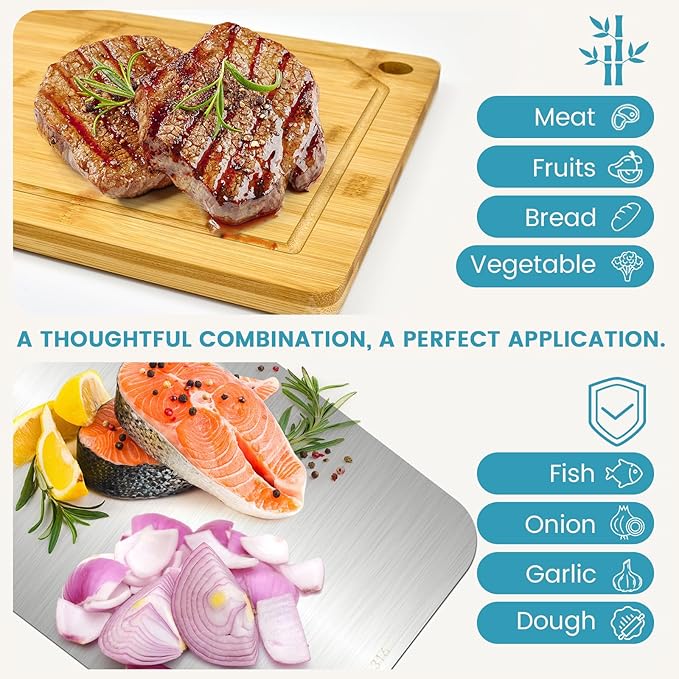 Babonie Bamboo Cutting Board Set of 2PC Large Bamboo Cutting Boards for Kitchen with Wooden Organizer, 1PC Stainless Chopping board for Meat, Vegetables and Fruits Ideas Kitchen Gift