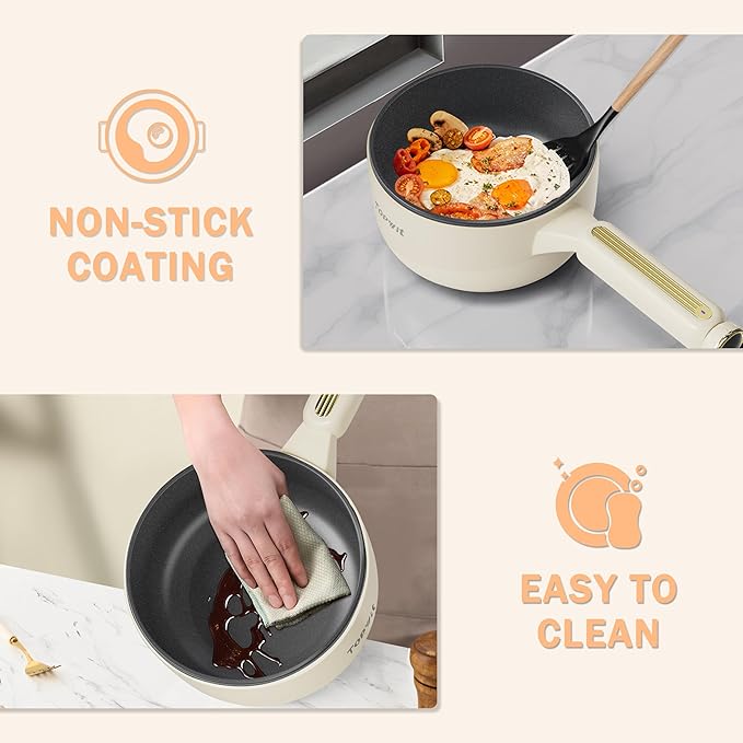TOPWIT Hot Pot Electric, 2L Multifunctional Electric Pot, Non-Stick Sauté Pan, Portable Cooker for Steak, Egg, Fried Rice, Ramen, Soup with Dual Power Control (Silicone Spatula Included), Beige