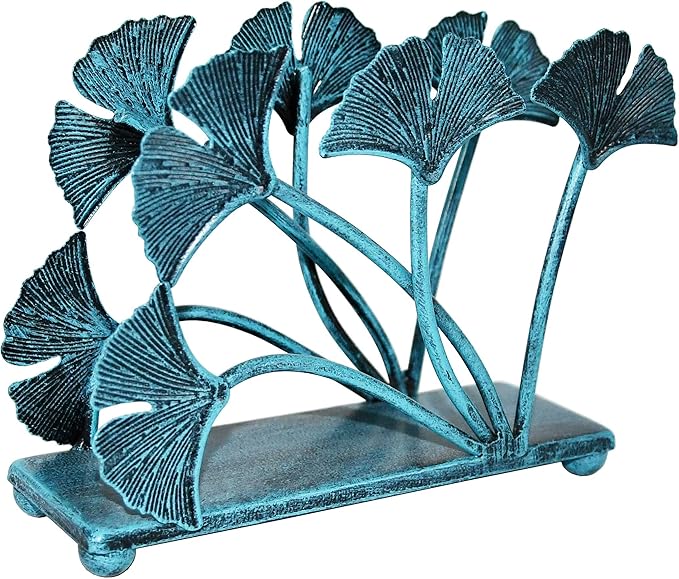 OwlGift Modern Ginkgo Leaves Design Napkin Holder for Tables, Metal Paper Napkin Storage for Kitchen, Stylish Paper Towel Dispenser, Mail Letter Sorter Rack, Document File Organizer – Turquoise