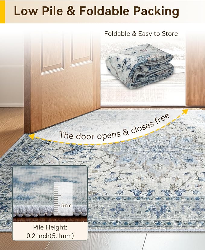 Area Rugs 2'x9' Runner Rug Non Slip Washable for Kitchen Hallway Bedroom Beside Laundry Room Bathroom Rug, Floor Carpet, Light Blue Navy Beige Gray White