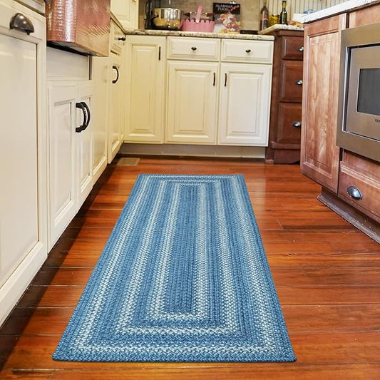 Homespice Denim Premium Jute Braided Area Rug, 2x6' Rectangular Hall Runner Blue - Navy - White, Natural Jute Yarn Rustic, Country, Primitive, Farmhouse Style - 30 Day Risk Free Purchase