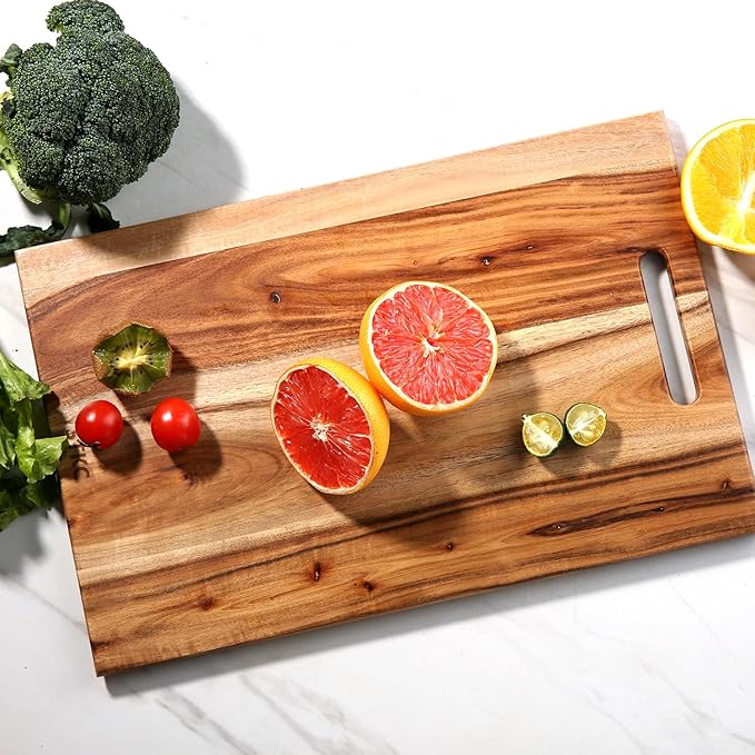 YSTKC Acacia Wood Cutting Board with Hand Grip 15" x 9.5" Inch, Wooden Reversible Chopping Board with Handle for Kitchen Meal Prep Serving, Chopping, Carving Meat, Fruits, Vegetables, Charcuterie