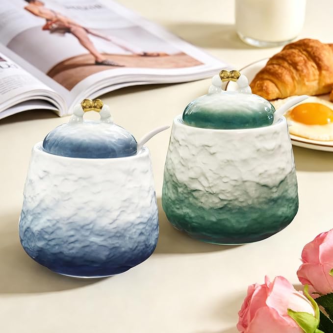 Ceramic Sugar Bowl with Lid and Spoon,12oz Sugar Bowl with Gradient Texture, Sugar Container with Lid and Spoon Sugar Jar for Coffee Station Accessories,Dishwasher & Microwave Safe,Blue