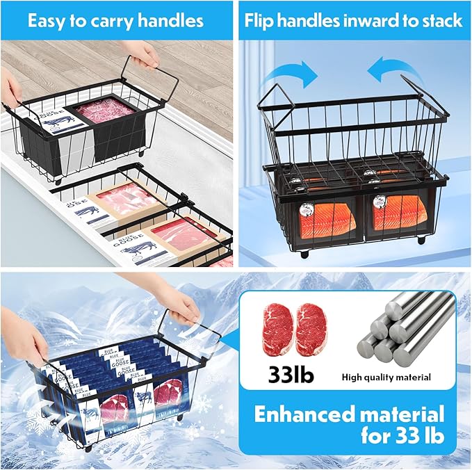 Freezer Organizer Bins 4 Pack Stackable Chest Freezer Organizer for 5 and 7 Cu.FT Deep Freezer Metal Wire Storage Basket with Side Handles Pantry Organization Bins, Get Food Easily