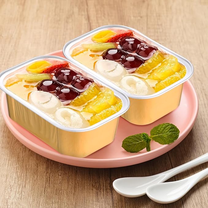 Vesici 100 Sets Mini Loaf Pans with Lids, 5.7 oz Disposable Aluminum Foil Baking Cups, Rectangle Cake Pans for Pudding Desserts Muffin Baking Storage Valentines Wedding Birthday Party(Gold)