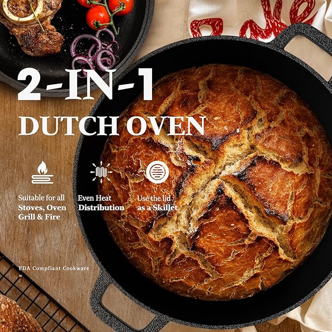 Slow Slog Cast Iron Dutch Oven for Bread Baking, 5QT Cast Iron Bread Pan with Lid, Sourdough Baking Supplies Tools like Banneton Proofing Basket, Bread Dutch Oven