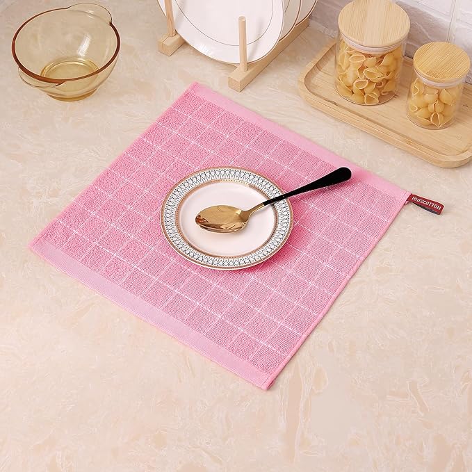 Mordimy 100% Cotton Terrycloth Kitchen Towels and Dishcloths Sets, Soft and Absorbent Checkered Dish Towels, Quick Drying Dish Rags for Washing Dishes, 4 Pack 16" x 26" & 4 Pack 12" x 12", Pink