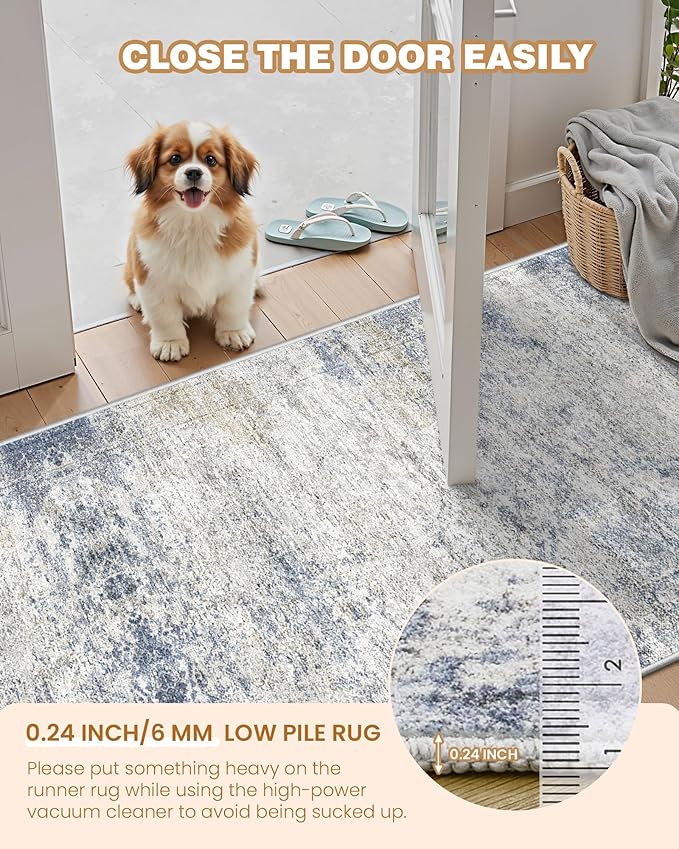 2x3 Washable Rug Runner for Bathroom, Soft Entryway Rug for Laundry Room, Kitchen, Vintage Abstract Hallway Runner for Bedroom, Anti-Slip Door Mat Indoor Entrance(2'x3', Blue/Brown/Ivory)