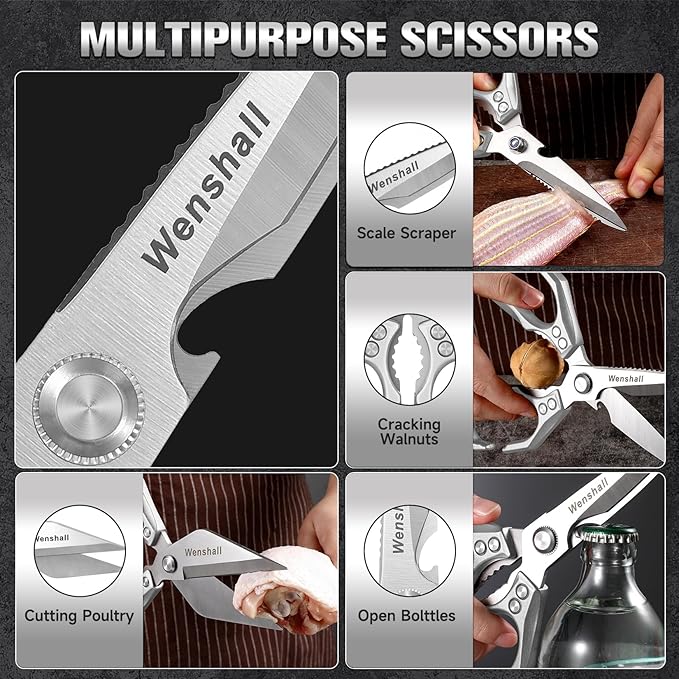 Kitchen Scissors, Heavy Duty Kitchen Shears for Cutting Chicken, Poultry, Game, Meat - Chopping Vegetable,Dishwasher Safe,Christmas Gifts for Men Women（Silver）