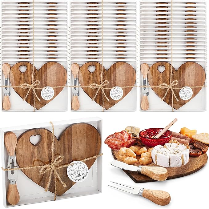 Patelai 50 Set Bridal Shower Favor Heart Cheese Board Cheese Knives Wood Mini Charcuterie Board Thank You Gift Box for Guest Bridal Baby Shower Prize Wedding Birthday Valentines (Acacia Color)