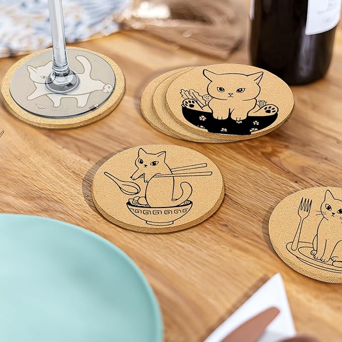 Coasters for Drinks with Holder Set of 6, Cat Cork Coaster Absorbent for Office Desk Cup Table Coasters Kitchen Decor House Warming Gifts for New Home, Round 4"