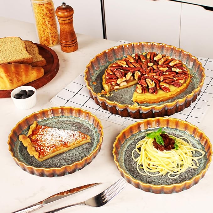jinsongdafa Large Quiche Tart Pans Pan Set of 2, 13.5 oz Ceramic Au gratin pans, Fluted Ruffled Edge for Quiche Baking Dish/Pie Pan, Microwave Freezer Dishwasher Oven safe, Great Gift for Bakers