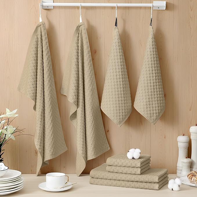 Homaxy 100% Cotton Kitchen Towels and Dishcloths Set, 12 x 12 & 15 x 25 Inches, Set of 12 Bulk Terry Cloth Dish Towels, Super Soft and Absorbent Hand Towel with Hanging Loop, Tan