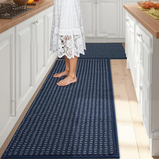 Kitchen Rugs,Non Slip Absorbent Kitchen Mats for Floor-Thick Stain Resistant Washable Kitchen Floor Mat Runner Carpet for Hallways,Entryway,Laundry Room,Sink(17"x29"+17"x59",Navy Blue,Roll Package)