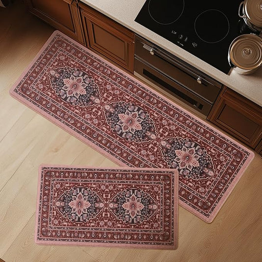 FRESHMINT Anti Fatigue Kitchen Mats Set 2 PCS, Waterproof & Non-Skid Medallion Kitchen Rugs, Cushioned Kitchen Floor Mats for Standing Washable Comfort Kitchen Runners for Lanudry, Office, Sink