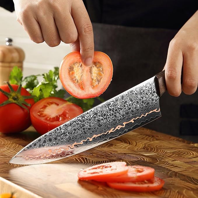 Wakoli Kawa Chef Knife, 7.9-Inch Blade Damascus Knife | 67-Layer Damascus Steel with VG10 Core | Copper Inlay | Maple Stabilized Wood Handle | Professional Kitchen Knife