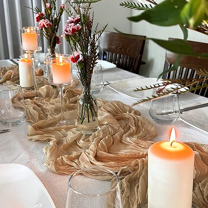 10 Pack Nude Cheesecloth Table Runner 6FT Boho Gauze Fabric Table Runner Vintage Rustic Sheer Runners for Wedding Party Bridal Baby Shower Long Table Decorations
