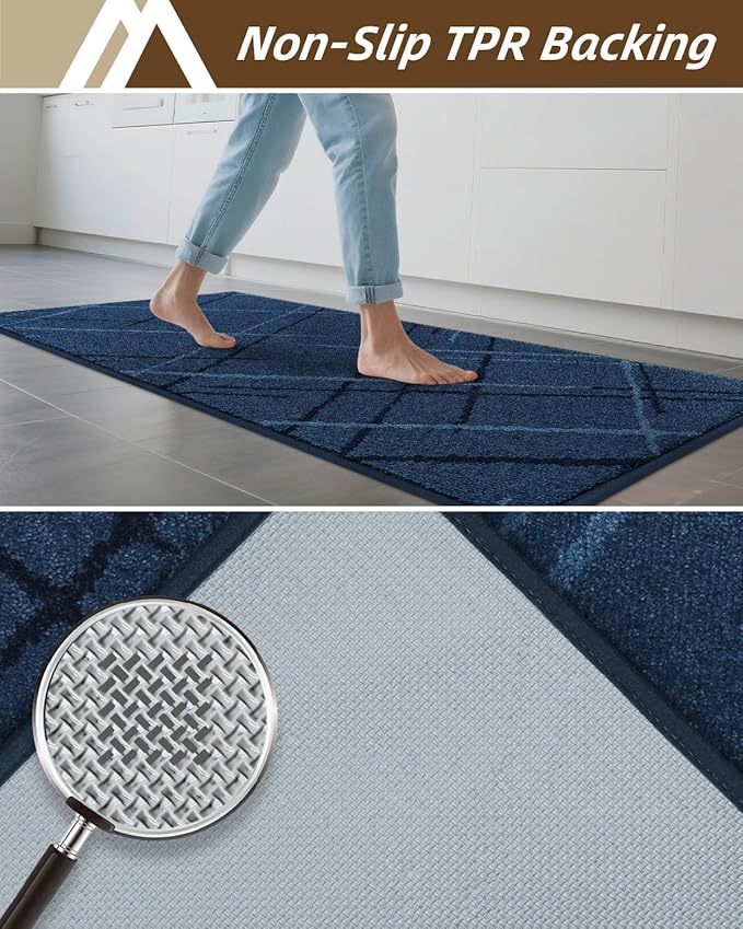 COSY HOMEER Kitchen Mats, 2 PCS Kitchen Rug Non Slip Washable, Absorbent Runner Rugs for Kitchen Floor, Polyester Kitchen Sink Rug 20"x32" + 20"x48"(Blue)