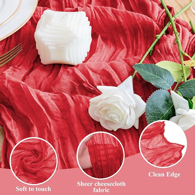 Wokceer Red Cheesecloth Table Runner Valentine's Day 6Pack 10FT Boho Gauze Cheese Cloth Table Runner for Party Long Rustic Sheer Easter Runners for Baby Bridal Shower Wedding