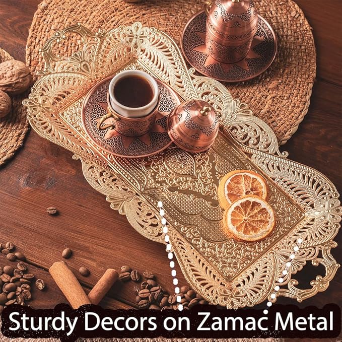 Small Gold Turkish Tea Coffee Serving Tray Table Decor Decorative Handles Rectangle - Gold Rectangular Candle Rustic Farmhouse Home Kitchen Brass Moroccan Style Traditional Fancy Tray Decor