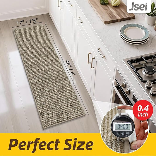 JSEI Kitchen Runner Rugs, 17''x48'' Non-Slip Kitchen Mats for Floor, Machine Washable Absorbent and Stain Resistant Kitchen Rug, Carpet Mats with TPR Backing for Kitchen, Beige