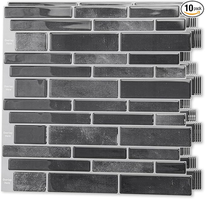 Art3d 10-Sheet Peel and Stick Backsplash Tile, Vinyl Stick On Wall Tile for Kitchen Bathroom Laundry Room, Marble Design 12" x 12" - Smoky Black
