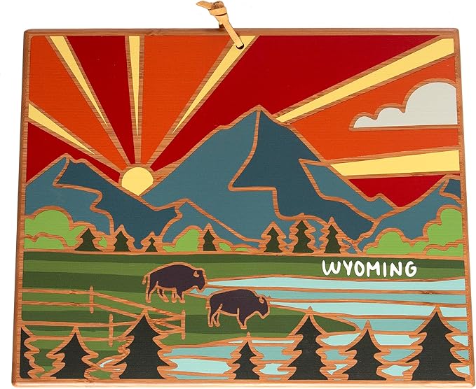 Totally Bamboo Wyoming State Shaped Cutting Board and Charcuterie Serving Platter with Artwork by Summer Stokes, Includes Hang Tie for Wall Display