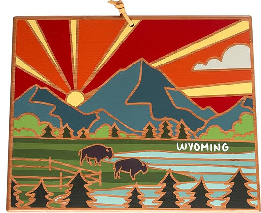 Totally Bamboo Wyoming State Shaped Cutting Board and Charcuterie Serving Platter with Artwork by Summer Stokes, Includes Hang Tie for Wall Display