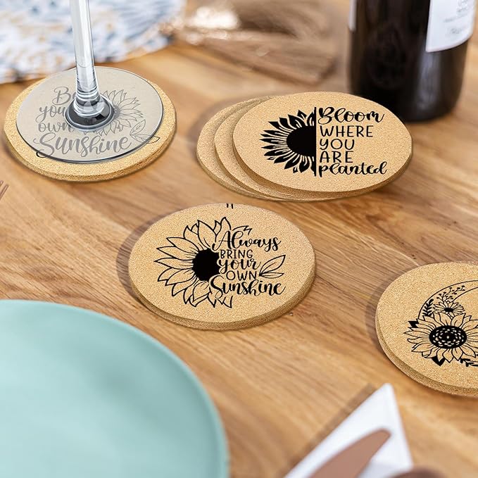 Coasters for Drinks with Holder Set of 6, Sunflower Absorbent Cork Wood Coaster for House Warming Gifts New Home Couples for Cup Desk Table Office Kitchen Decor, Round 4"