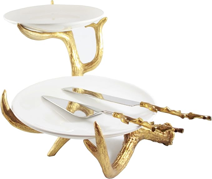 RS Accessories LLC Server Set, Cake, Pie, Desert Flatware Set, Tree Branch Design, 2-Piece 18/10 Stainless Steel with Brass Handles (Light Antique Gold Finish)…