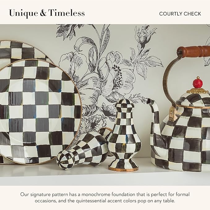 MACKENZIE-CHILDS Enamel Salt and Pepper Shakers, Kitchen Table Spice Shaker Set, Black-and-White Courtly Check, Large
