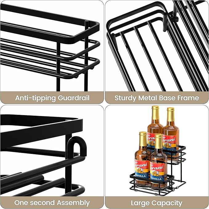 Coffee Syrup Rack Organizer, Syrup Bottle Holder Stand for Coffee Bar, 2-Tier 4 Bottles Storage Shelves for Syrup, Wine, Dressing for Kitchen Countertop (4 Bottles Black)