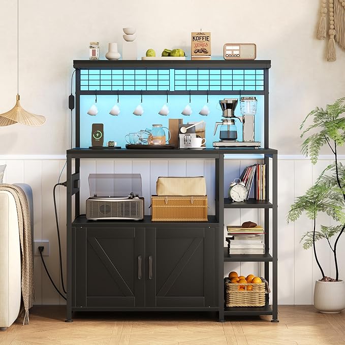 TVU Bakers Rack with Power Outlet and LED Light, Microwave Stand with Storage Cabinet, Coffee Bar Cabinet Station with 6 Hooks for Kitchen, Dining Room, Living Room, Coffee Bar, Black