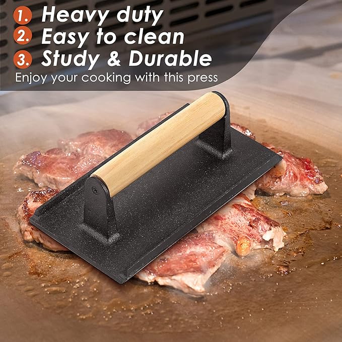 HaSteeL Bacon Hamburger Press for Griddle Flat Top Teppanyaki, Pre Seasoned 8 x 4In Cast Iron Grill Weight with Wooden Handle, Perfect for BBQ Steaks Pannis Sandwiches Meats - 1Pk