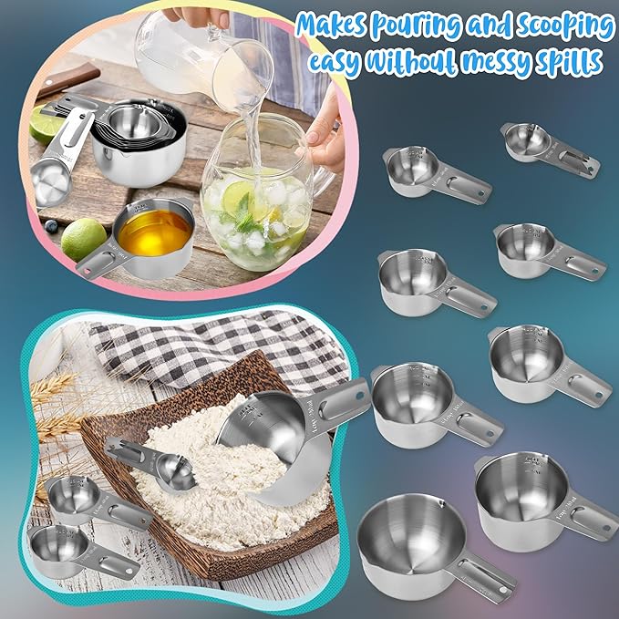 8 Pcs Stainless Steel Measuring Cup Set 16 8 6 5 4 3 2 1 oz Single Metal Measure Scoop for Wet and Dry Ingredients Cooking Great Kitchen Gadgets Dog Food Scoop