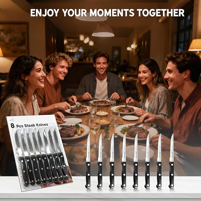 Upgraded Steak Knives Set of 8, Uncoated Stainless Steel Serrated Steak Knife Set, 4.5 Inch Steak Knife with Ergonomic Handle and Sharp Blades, Dishwasher Safe Dinner Knives for Kitchen, Restaurant